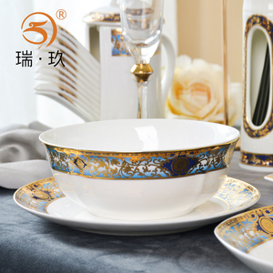 浮雕餐具面碗家用中碗欧式6英寸大号骨瓷米饭碗轻奢金边单个汤碗