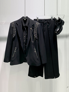 YIFAN黑色西装外套男金属铆钉链条设计拉链口袋宽松廓形垫肩西服