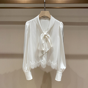 白色长袖衬衫女冬卓雅2024夏新款系带蝴蝶结蕾高级感休闲气质上衣