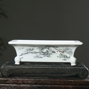长方形贴花彩绘手绘陶瓷盆景盆白泥紫砂花盆中国风雪景图桌面盆栽