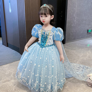 艾莎公主裙夏季女童新款爱沙迪士尼原版拖尾儿童生日爱莎女孩礼服