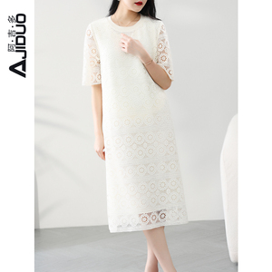 阿吉多白色连衣裙女高级感水溶绣花蕾丝直筒裙夏季气质淑女裙子
