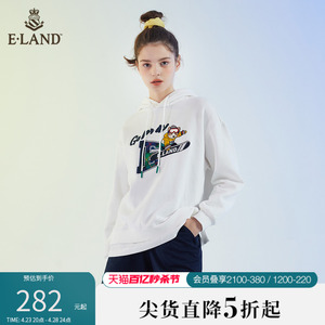 Eland衣恋潮牌小个子红色柯基加绒开叉假两件连帽卫衣女春款