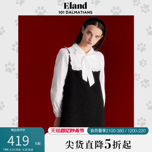 Eland衣恋连衣裙拼接假两件中长款修身学院风毛呢裙秋冬款