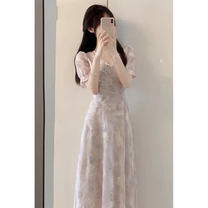 新中式改良旗袍连衣裙女小个子夏季2023年设计感v领收腰碎花长裙