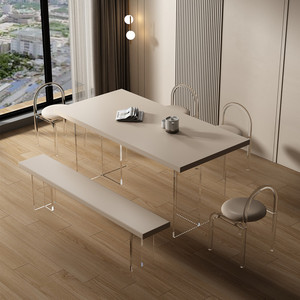 亚克力悬浮实木餐桌椅组合家用小户型书桌奶油风纯白岛台岩板饭桌