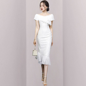 夏季连衣裙白色蕾丝修身包臀气质名媛一字肩鱼尾裙轻奢高级感高端