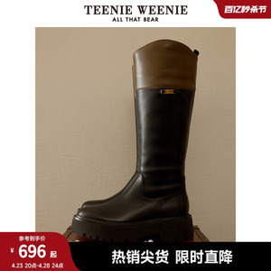 TeenieWeenie小熊秋冬中筒靴加绒女靴皮鞋保暖时尚鞋子黑色皮靴