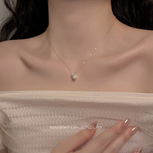 法式简约珍珠锆石项链女s925纯银小众设计气质锁骨链高级感配饰