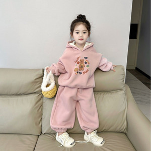 韩系童装2023冬装女童加绒加厚套装女宝宝休闲带帽卫衣卫裤两件套