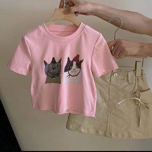 女童套装2024夏装女宝宝猫咪短袖T恤工装牛仔短裙两件套儿童衣服