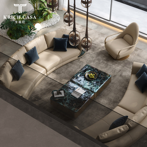 卡富尼意式轻奢沙发庄园别墅沙发大户型客厅高端奢石弧形真皮沙发