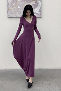 「鸢」安提周 绛紫dark reddish purple艺术不规则裙摆舞者连衣裙