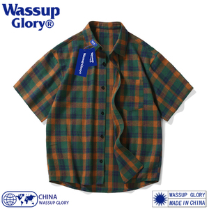 WASSUP GLORY绿色格子短袖衬衫外套男夏季薄款宽松衬衣高级感痞帅