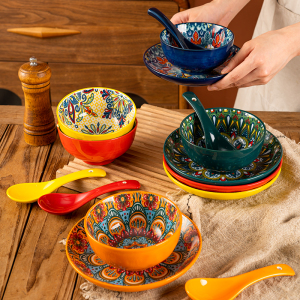 波西米亚陶瓷摆台三件套餐具一人食碗碟盘套装餐厅火锅烤肉店商用