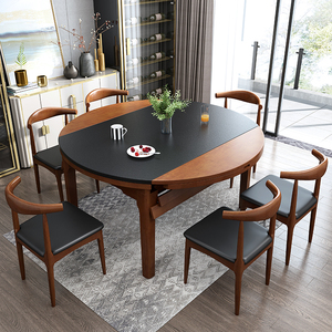 火烧石餐桌椅组合北欧轻奢圆桌家用可伸缩饭桌家用小户型实木餐桌
