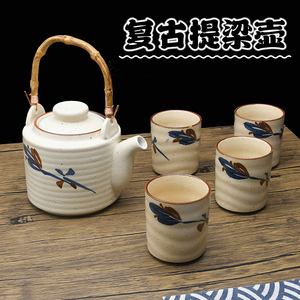 日式陶瓷大茶壶耐高温复古提梁壶套装大容量竹柄冷水壶大号泡茶壶