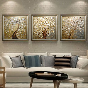 客厅装饰画现代简约三联画沙发背景墙挂画餐厅立体手绘油画发财树