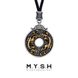 MYSH 纯银貔貅平安扣吊坠挂绳男士项链潮黑绳原创设计高级感复古