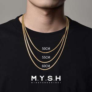 MYSH 925纯银电镀18K黄金扁形蛇骨链古巴项链男士锁骨链素链挂饰