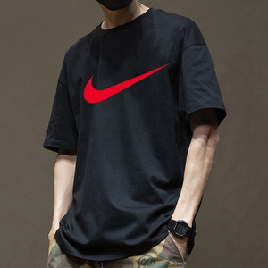 Nike耐克正品红色大标短袖男纯棉透气运动T恤黑色宽松休闲半截袖
