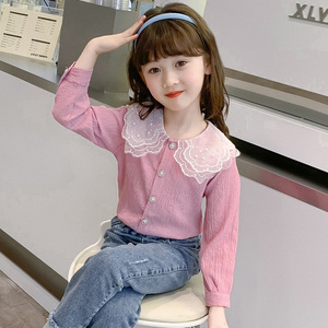 女童衬衫秋装儿童长袖粉色衬衣春秋款薄外套小女孩娃娃领打底上衣
