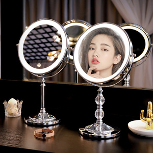 kaman化妆镜带灯台式LED双面镜桌面梳妆镜便携手持镜放大美妆镜子