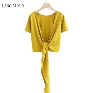 姜黄色短袖t恤女2023年夏季新款纯色v领交叉绑带修身短款露脐上衣