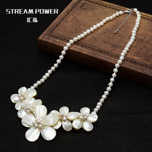 包邮白色天然珍珠母贝锁骨链欧美手工编织五朵夸张贝壳花朵项链