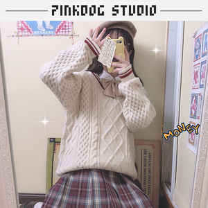【PINKDOG】原创 华夫饼毛衣学院风针织套头保暖冬季新款情侣V领