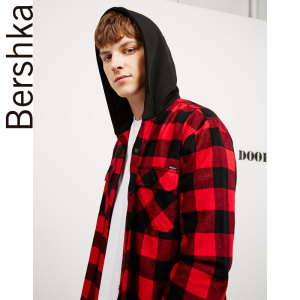 Bershka 男士 法兰绒格子连帽衬衫外套 0…颜色红色,