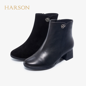 Harson/哈森正品2023冬新款真皮中跟短靴粗跟水钻羊皮女靴HA17902