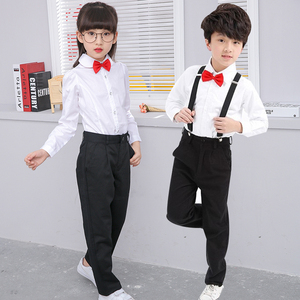 儿童礼服男女童主持人花童学校演出服童装长袖白衬衫黑色西裤套装