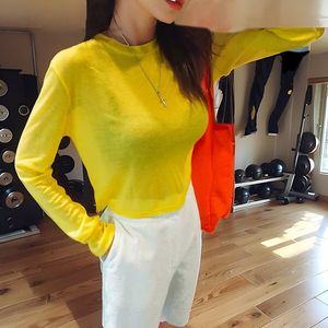 韩国girls荧光黄色长袖T恤短款露脐jazz舞蹈服装跳舞运动练功瑜伽