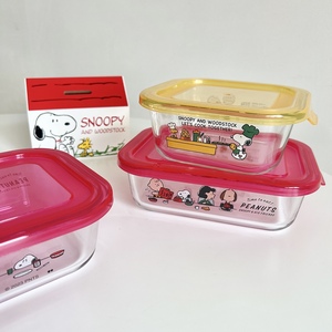 日本采购可爱史努比玻璃饭盒微波炉加热专用带盖密封保鲜带饭餐盒