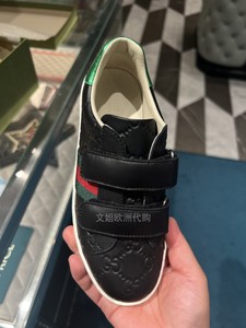 奥地利奥特莱斯代购Gucci古驰童鞋黑色双G印花粘扣休闲百搭板鞋