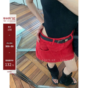 1302LAB 正红色复古口袋牛仔短裙女夏季新款直筒防走光显瘦半身裙