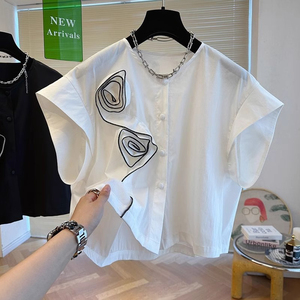 白色衬衫女士短袖夏季薄款2024新款设计感小众短款蝙蝠袖衬衣上衣