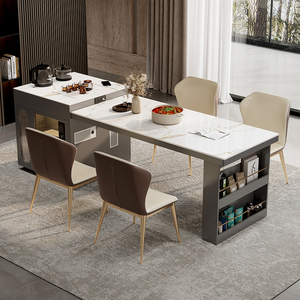 实木高级多功能岩板中岛导台餐桌一体家用可伸缩带微波炉冰箱泡茶