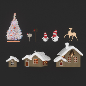 C4D可爱卡通圣诞雪人麋鹿房屋装饰3d模型场景源文件psd素材oc渲染