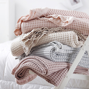 日式北欧ins素色全棉线华夫格沙发罩巾床尾装饰荷叶边盖毯薄毯子