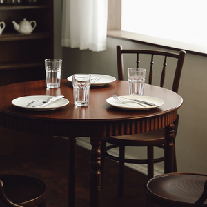 枝荫复古圆桌小户型中古实木餐桌子法式餐厅咖啡桌椅组合柚木家具
