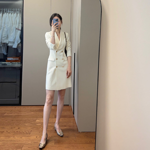 2023春新款白色修身气质干练职业纯色西装裙女双排扣西装领连衣裙
