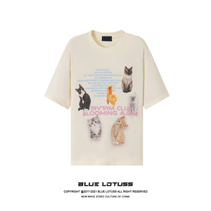 「Blue Lotuss」23SS国潮牌男女同款夏季可爱猫咪印花宽松短袖T恤
