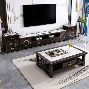 新中式轻奢岩板电视柜茶几组合现代中式客厅实木电视机柜边柜墙柜
