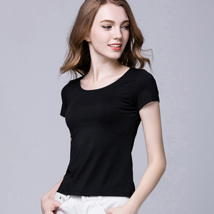 黑色莫代尔棉T恤女夏季圆领短袖打底衫纯色修身高腰短款紧身上衣