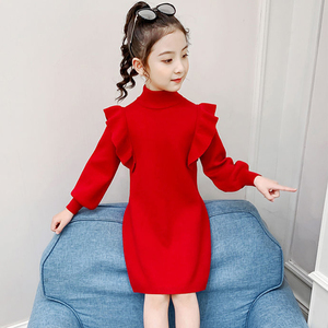 女童针织连衣裙秋冬韩版洋气女孩中大童儿童加厚打底红色毛衣裙子