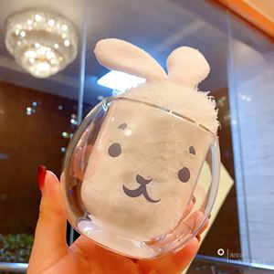 星巴克 特价可爱小兔兔子双层水果茶玻璃杯子 玩偶可刷杯子 杯刷