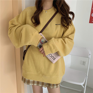 韩版宽松慵懒风卫衣女加绒加厚2023年新款中长圆领黄色上衣高级感