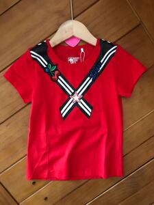 季季乐短袖T恤女童上衣纯棉半袖薄款宝宝儿童海军风红色贴布